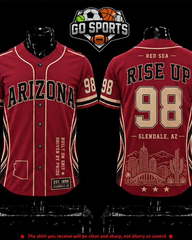 'Rise Up 98 EST' Arizona Football Premium Baseball Jersey (Made in US), High quality Fabric Breathable Red Sea, Bird Gang Football Fan Apparel, Game Day Oufit For Men Women, Gift For Husband, Boyfriend