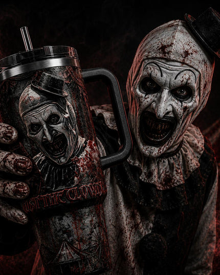 Art the Clown Terrifier Horror Premium 40oz Stainless Steel Tumbler with Handle & Straw, Terrifier Horror Movie Insulated Travel Cup, Halloween Scary Tumbler, Horror Fan Gift