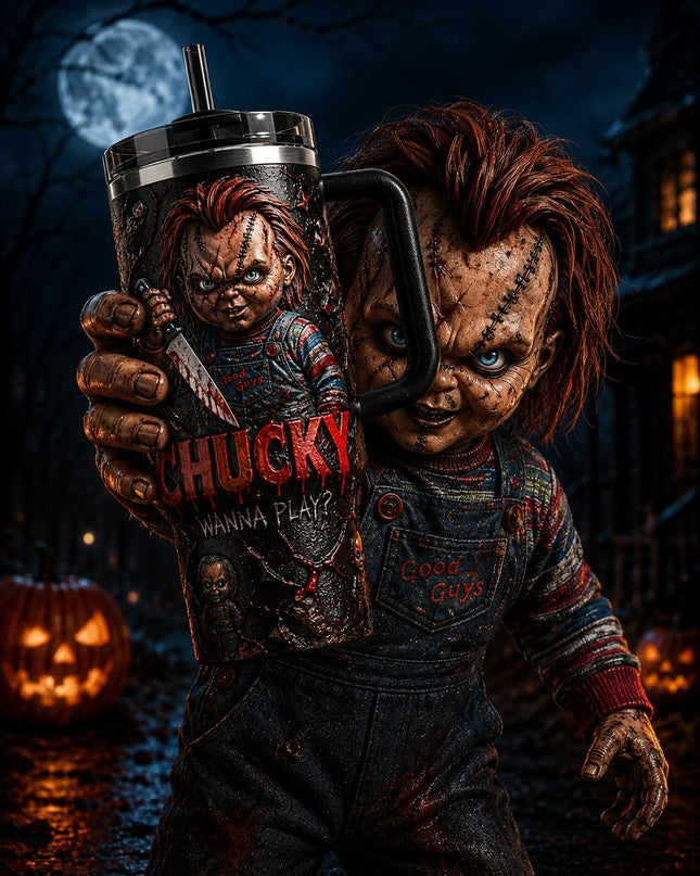 Chucky Child's Play #2 Horror Premium 40oz Stainless Steel Tumbler with Handle & Straw, Child's Play Horror Movie Insulated Travel Cup, Halloween Scary Tumbler, Horror Fan Gift