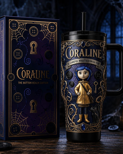 Coraline 40oz Tumbler with Handle & Straw, 2009–2026 Anniversary Insulated Travel Cup, Spooky Halloween Tumbler, Personalized Name Gift for Coraline Fans
