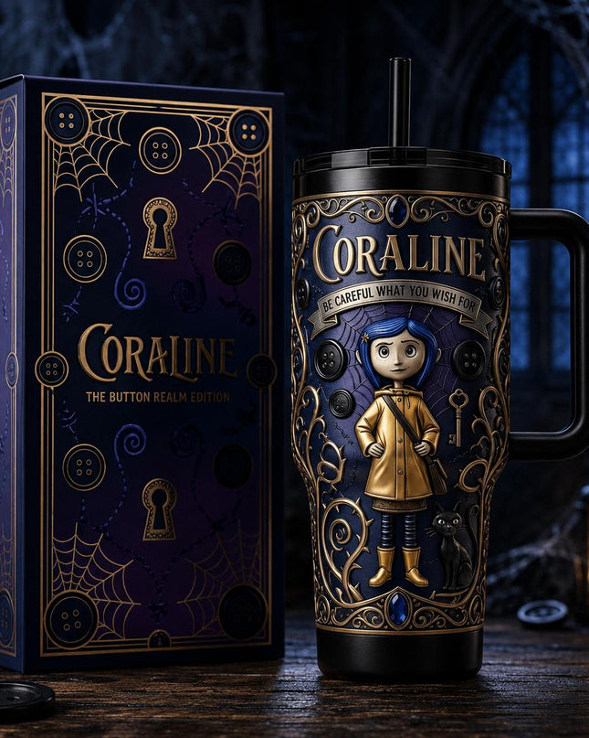 Coraline 40oz Tumbler with Handle & Straw, 2009–2026 Anniversary Insulated Travel Cup, Spooky Halloween Tumbler, Personalized Name Gift for Coraline Fans