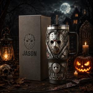 Jason Voorhees Mask Friday The 13th Premium 40oz Stainless Steel Tumbler with Handle & Straw, Friday The 13th Horror Movie Insulated Travel Cup, Halloween Scary Tumbler, Horror Fan Gift