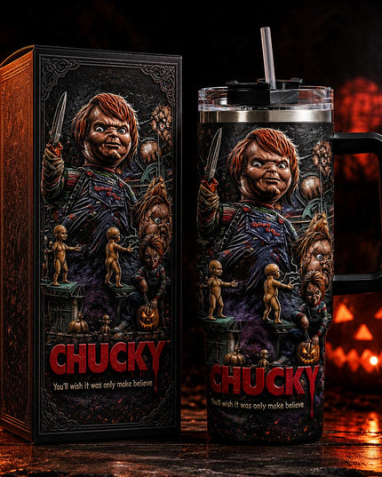 Chucky Child's Play Horror Premium 40oz Stainless Steel Tumbler with Handle & Straw, Child's Play Horror Movie Insulated Travel Cup, Halloween Scary Tumbler, Horror Fan Gift