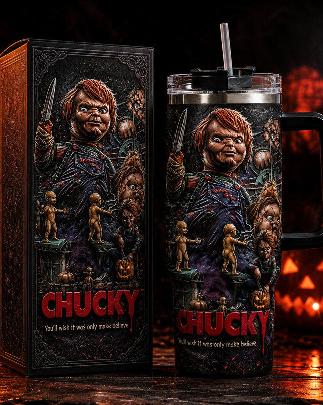Chucky Child's Play Horror Premium 40oz Stainless Steel Tumbler with Handle & Straw, Child's Play Horror Movie Insulated Travel Cup, Halloween Scary Tumbler, Horror Fan Gift