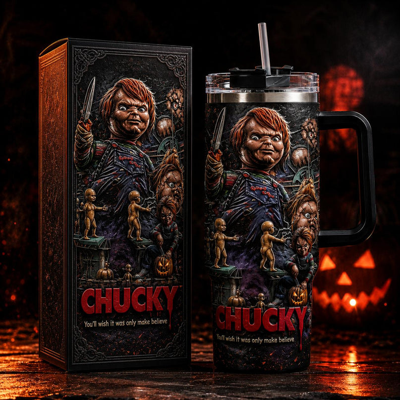 Chucky Child's Play Horror Premium 40oz Stainless Steel Tumbler with Handle & Straw, Child's Play Horror Movie Insulated Travel Cup, Halloween Scary Tumbler, Horror Fan Gift