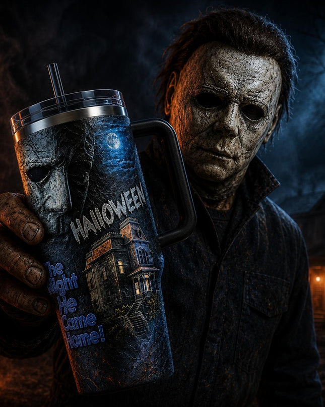 Michael Myers Halloween Horror Premium 40oz Stainless Steel Tumbler with Handle & Straw, Halloween Horror Movie Insulated Travel Cup, Halloween Scary Tumbler, Horror Fan Gift