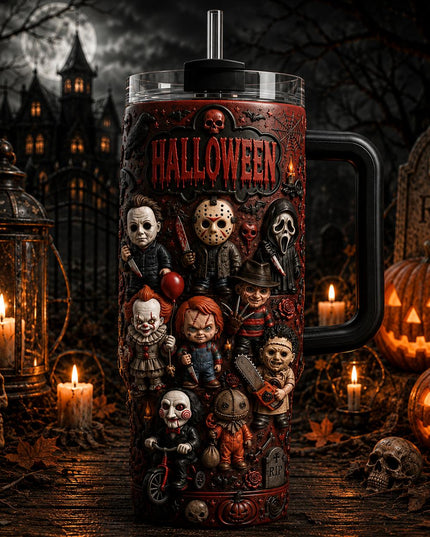 Horror Movie Characters Halloween Premium 40oz Stainless Steel Tumbler with Handle & Straw, Friday The 13th Horror Movie Insulated Travel Cup, Halloween Scary Tumbler, Spooky Gift for Horror Fans
