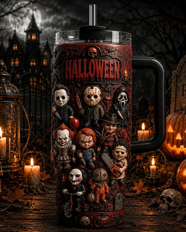 Horror Movie Characters Halloween Premium 40oz Stainless Steel Tumbler with Handle & Straw, Friday The 13th Horror Movie Insulated Travel Cup, Halloween Scary Tumbler, Spooky Gift for Horror Fans