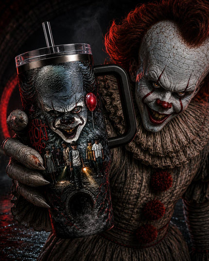 Pennywise - IT Horror Movie Premium 40oz Stainless Steel Tumbler with Handle & Straw, IT Horror Movie Insulated Travel Cup, Halloween Scary Tumbler, Horror Fan Gift