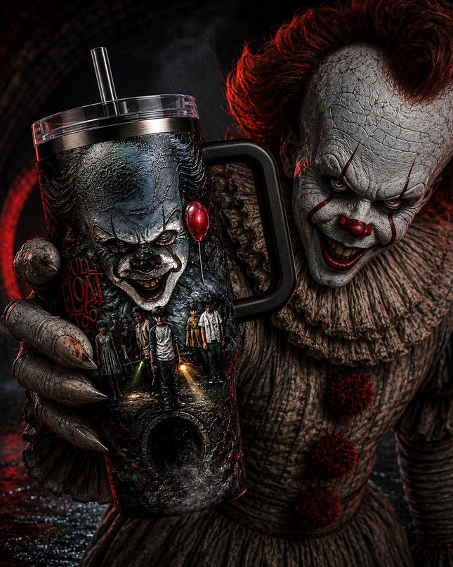 Pennywise - IT Horror Movie Premium 40oz Stainless Steel Tumbler with Handle & Straw, IT Horror Movie Insulated Travel Cup, Halloween Scary Tumbler, Horror Fan Gift