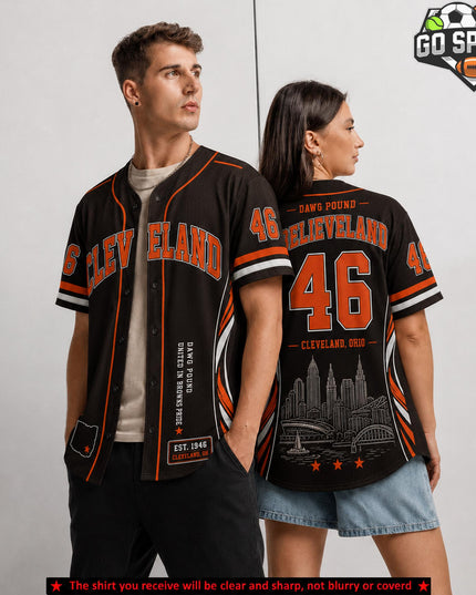 Cleveland Football 'Believeland 46EST' Premium Baseball Jersey (Made in US), High quality Fabric Breathable Shedeur Sanders Dawg Pound Football Fan Apparel, Game Day Outfit For Men Women, Gift For Husband, Boyfriend