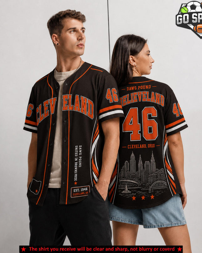 Cleveland Football 'Believeland 46EST' Premium Baseball Jersey (Made in US), High quality Fabric Breathable Shedeur Sanders Dawg Pound Football Fan Apparel, Game Day Outfit For Men Women, Gift For Husband, Boyfriend