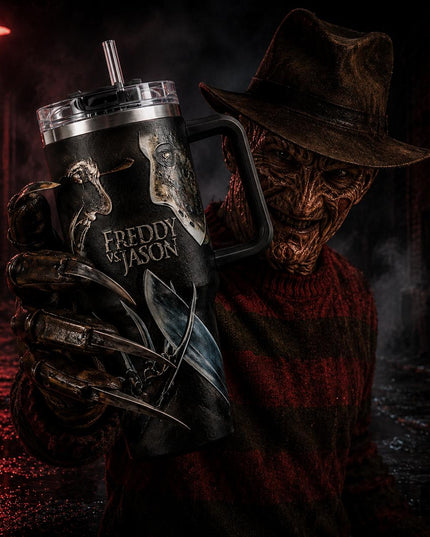 Jason Voorhees x Freddy Krueger #3 Horror Premium 40oz Stainless Steel Tumbler with Handle & Straw, Friday The 13th Horror Movie Insulated Travel Cup, Halloween Scary Tumbler, Horror Fan Gift