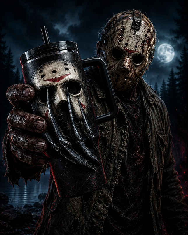 Jason Voorhees x Freddy Krueger #2 Horror Premium 40oz Stainless Steel Tumbler with Handle & Straw, Friday The 13th Horror Movie Insulated Travel Cup, Halloween Scary Tumbler, Horror Fan Gift