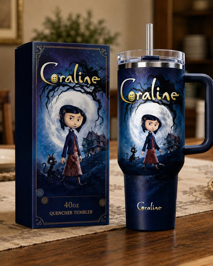 Coraline Ver 2 Premium 40oz Tumbler with Handle & Straw, Coraline 2009–2026 Anniversary Insulated Travel Cup, Spooky Halloween Tumbler, Personalized Name Gift for Coraline Fans