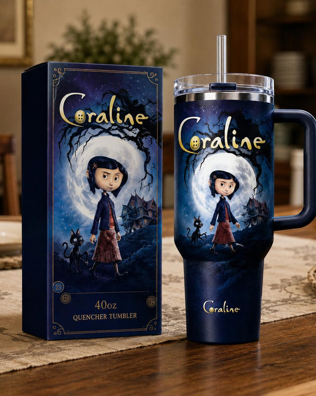 Coraline Ver 2 Premium 40oz Tumbler with Handle & Straw, Coraline 2009–2026 Anniversary Insulated Travel Cup, Spooky Halloween Tumbler, Personalized Name Gift for Coraline Fans