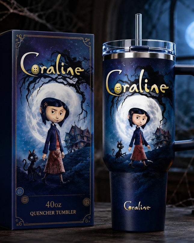 Coraline Ver 2 Premium 40oz Tumbler with Handle & Straw, Coraline 2009–2026 Anniversary Insulated Travel Cup, Spooky Halloween Tumbler, Personalized Name Gift for Coraline Fans