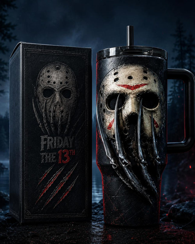 Jason Voorhees x Freddy Krueger #2 Horror Premium 40oz Stainless Steel Tumbler with Handle & Straw, Friday The 13th Horror Movie Insulated Travel Cup, Halloween Scary Tumbler, Horror Fan Gift