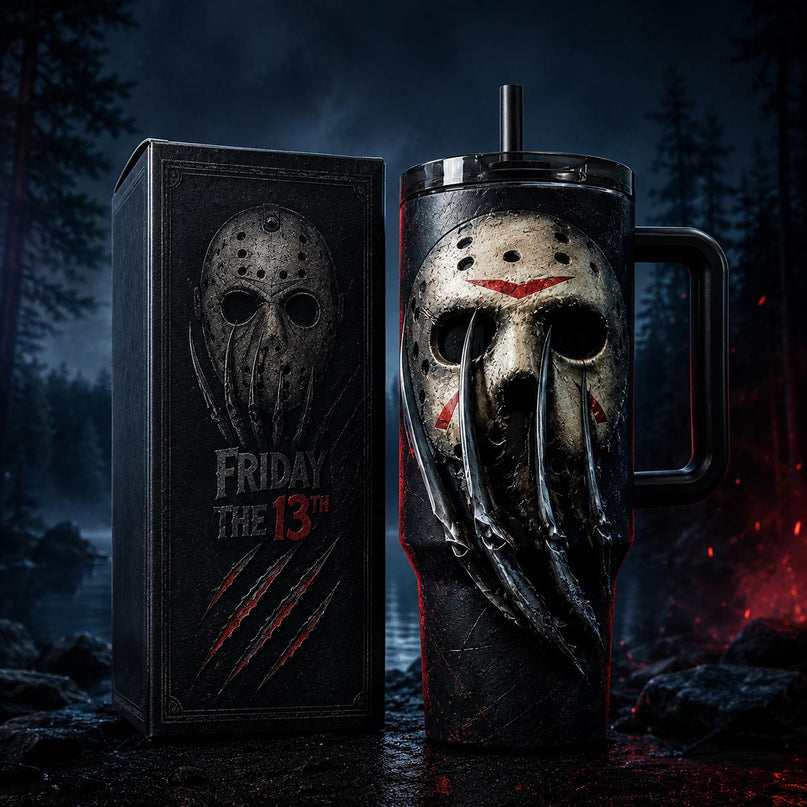 Jason Voorhees x Freddy Krueger #2 Horror Premium 40oz Stainless Steel Tumbler with Handle & Straw, Friday The 13th Horror Movie Insulated Travel Cup, Halloween Scary Tumbler, Horror Fan Gift