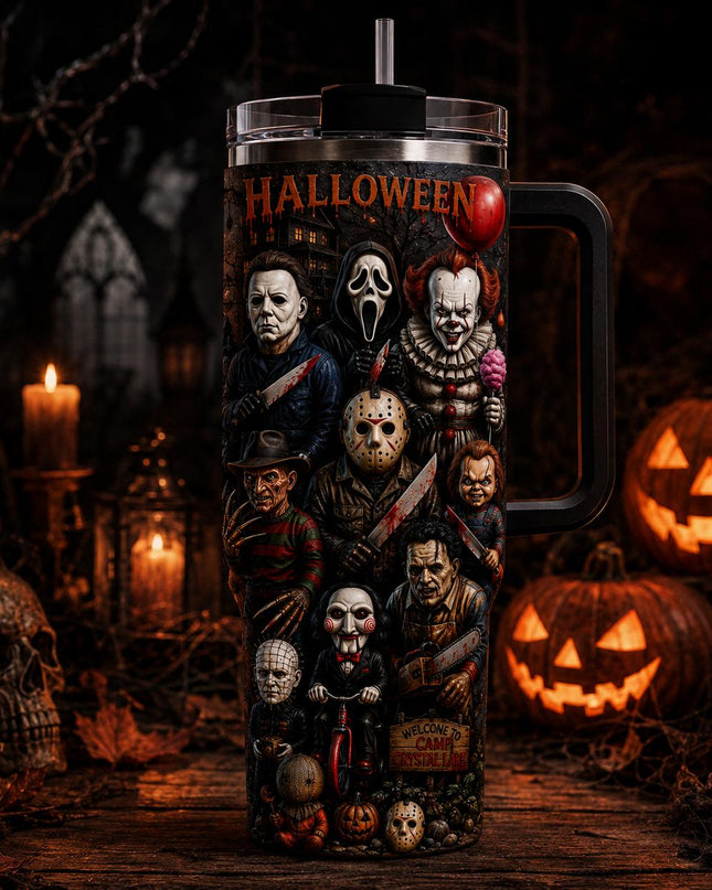 Scary Movie Characters Halloween Premium 40oz Stainless Steel Tumbler with Handle & Straw, Friday The 13th Horror Movie Insulated Travel Cup, Halloween Scary Tumbler, Spooky Gift for Horror Fans