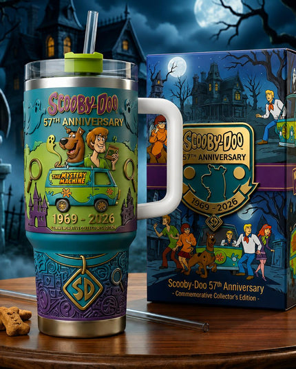 [Collection] Scooby-Doo 57th Anniversary 40oz Tumbler with Handle, Mystery Machine Horror Cartoon Travel Cup, Stainless Steel Insulated Tumbler, Halloween Gift