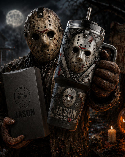 Jason Voorhees Mask Friday The 13th Premium 40oz Stainless Steel Tumbler with Handle & Straw, Friday The 13th Horror Movie Insulated Travel Cup, Halloween Scary Tumbler, Horror Fan Gift