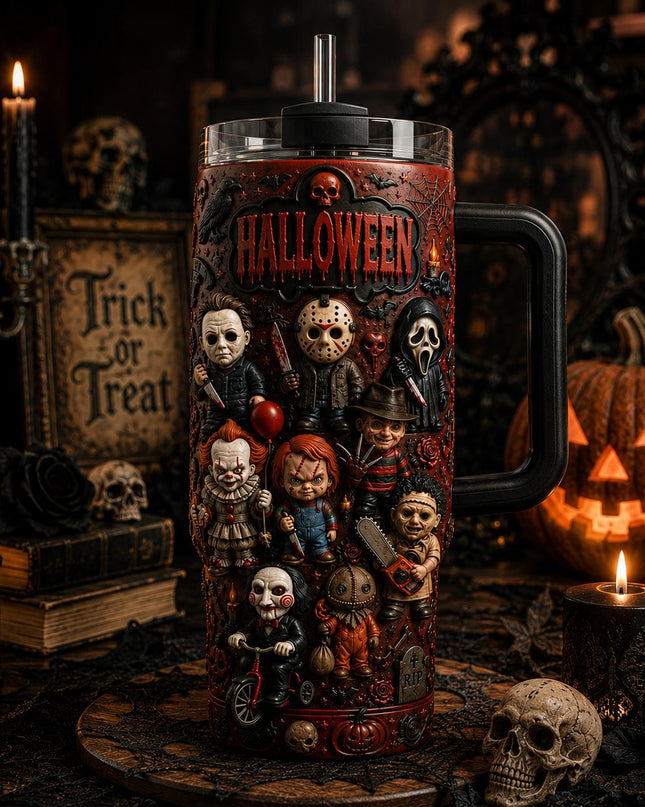 Horror Movie Characters Halloween Premium 40oz Stainless Steel Tumbler with Handle & Straw, Friday The 13th Horror Movie Insulated Travel Cup, Halloween Scary Tumbler, Spooky Gift for Horror Fans