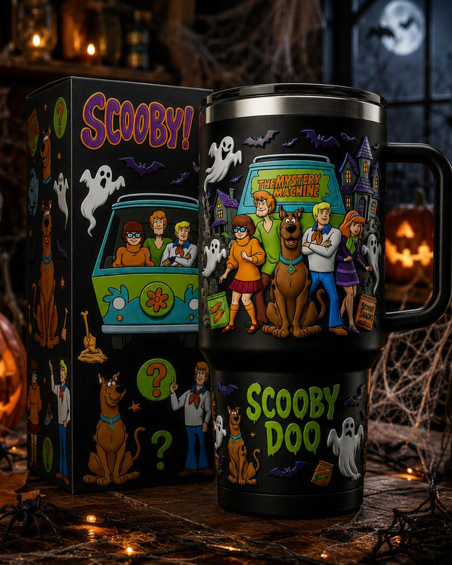 Scoopy-Doo 57th Anniversary Halloween 40oz Tumbler with Handle, Mystery Machine Horror Cartoon Travel Cup, Stainless Steel Insulated Tumbler, Halloween Gift