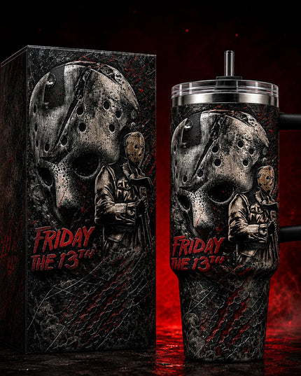 Jason Voorhees Friday The 13th Horror Movie Premium 40oz Stainless Steel Tumbler with Handle & Straw, Friday The 13th Horror Movie Insulated Travel Cup, Halloween Scary Tumbler, Horror Fan Gift
