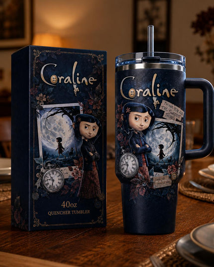 Coraline Ver 3 Premium 40oz Tumbler with Handle & Straw, Coraline 2009–2026 Anniversary Insulated Travel Cup, Spooky Halloween Tumbler, Personalized Name Gift for Coraline Fans