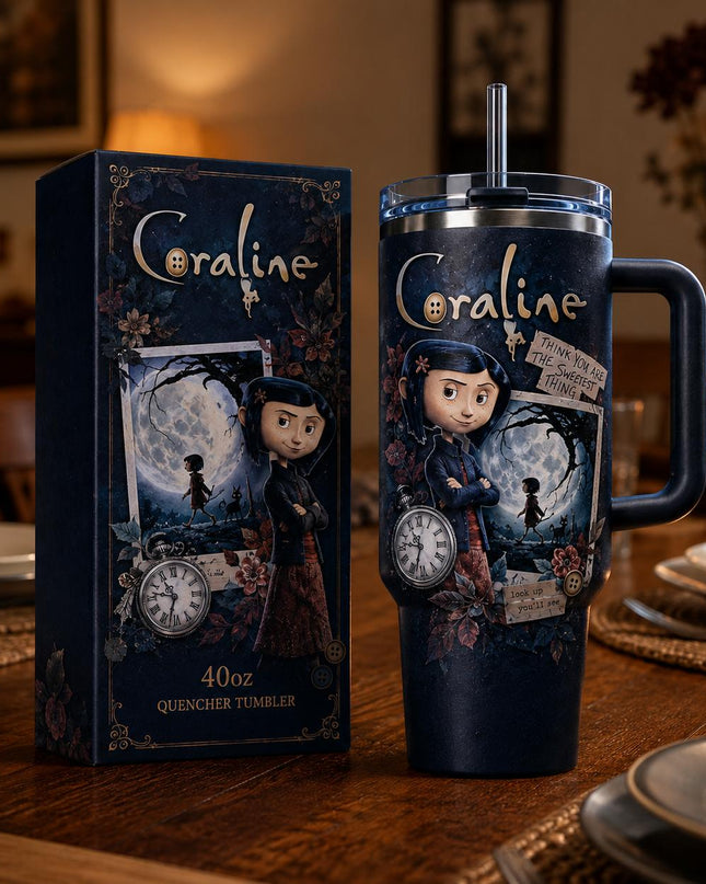Coraline Ver 3 Premium 40oz Tumbler with Handle & Straw, Coraline 2009–2026 Anniversary Insulated Travel Cup, Spooky Halloween Tumbler, Personalized Name Gift for Coraline Fans